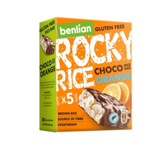 Rijstrepen met chocoladecoating en sinaasappel